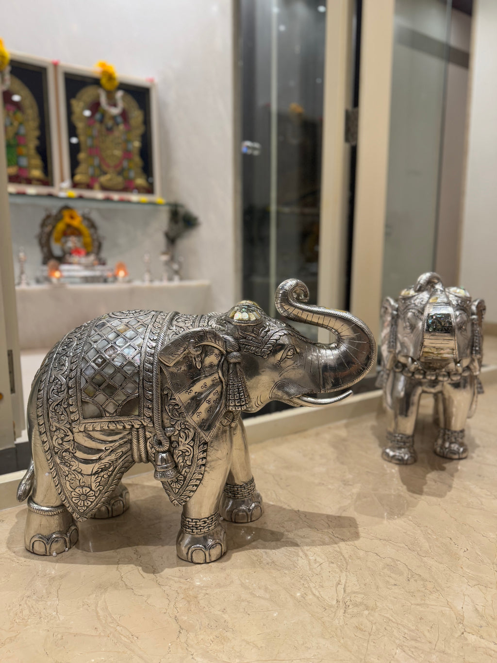 Silver Elephant Pair with Mother of Pearl Detailing