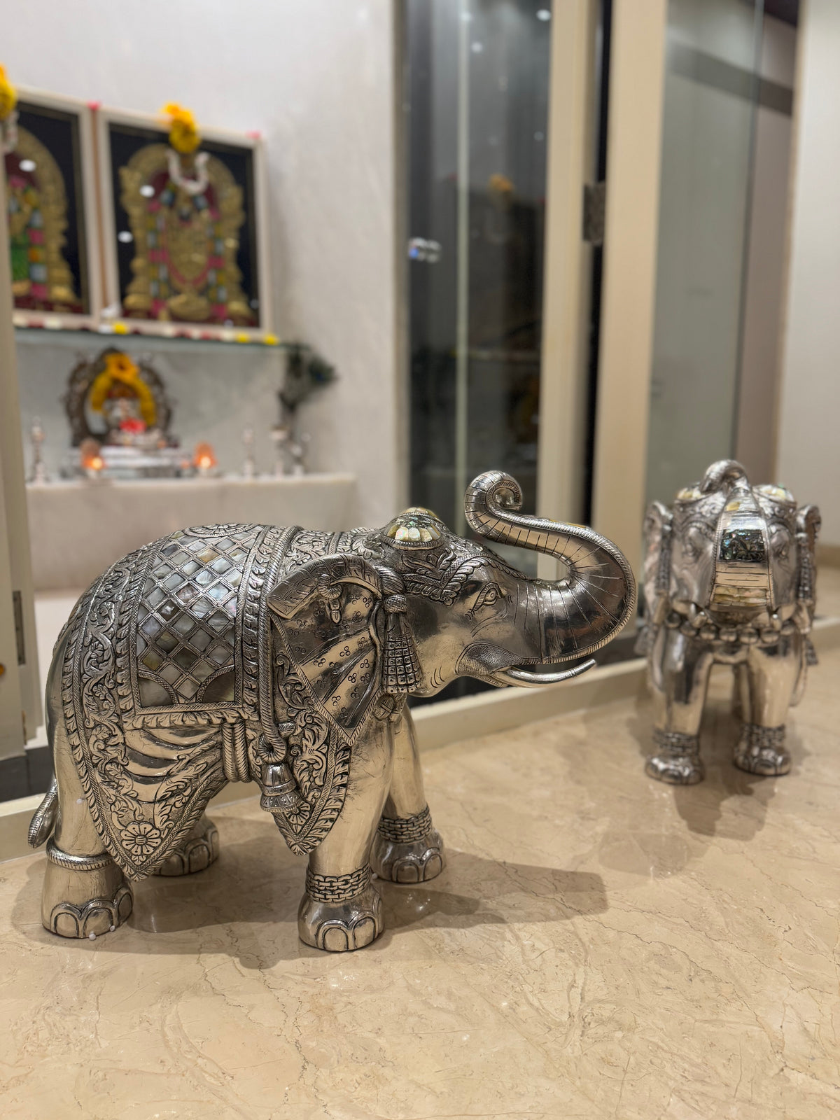 Silver Elephant Pair with Mother of Pearl Detailing