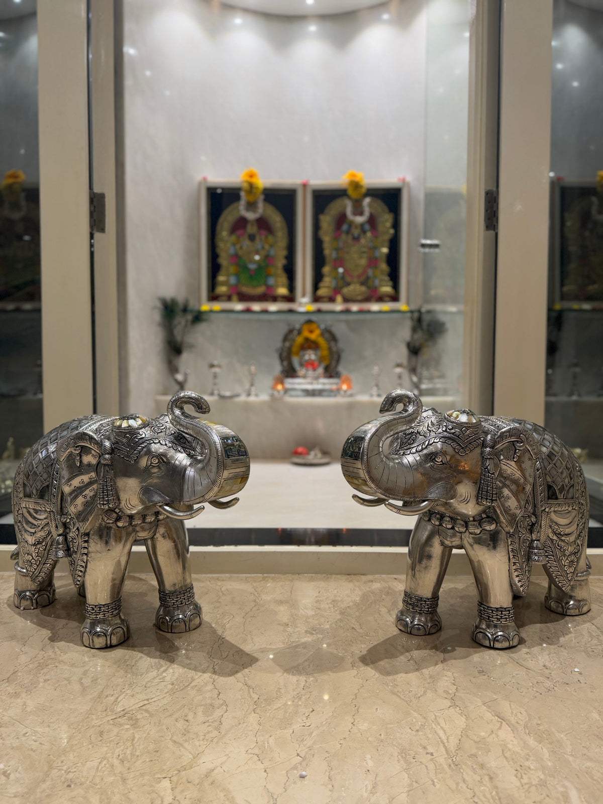 Silver Elephant Pair with Mother of Pearl Detailing