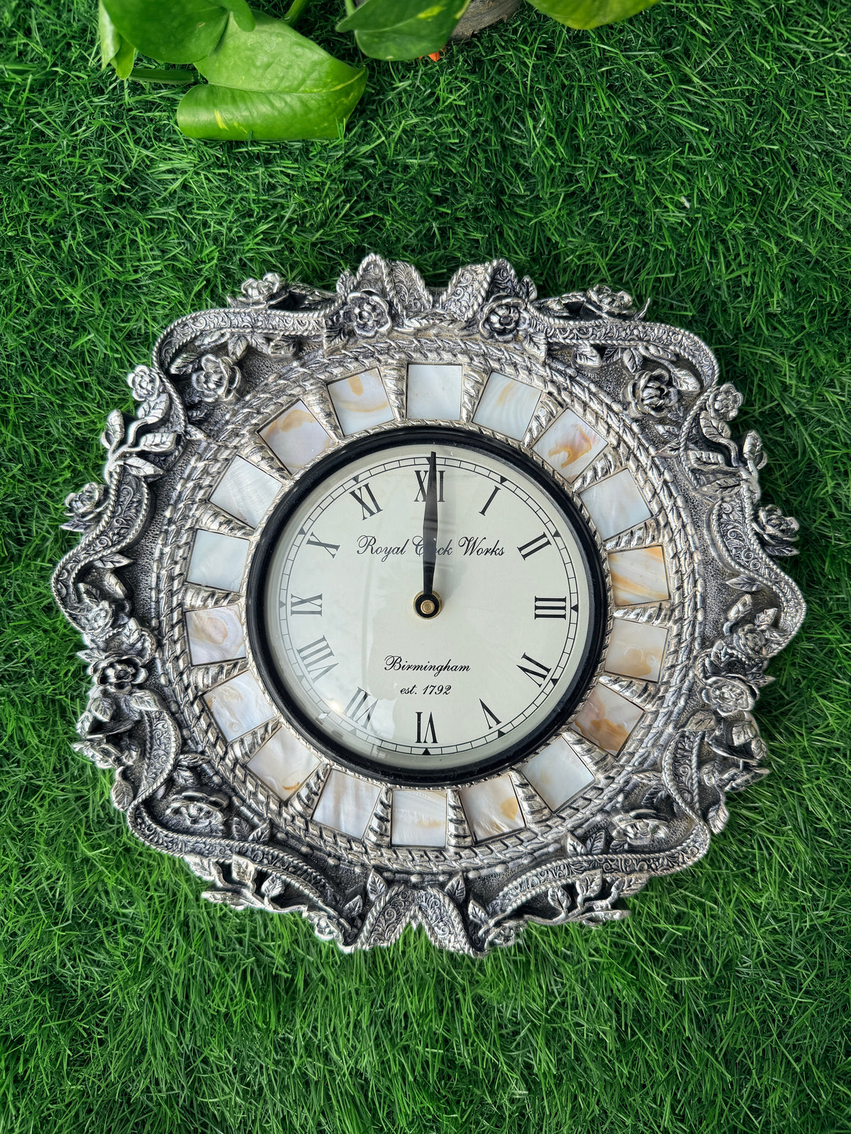 Silver Wall Clock with Mother of Pearl detailing