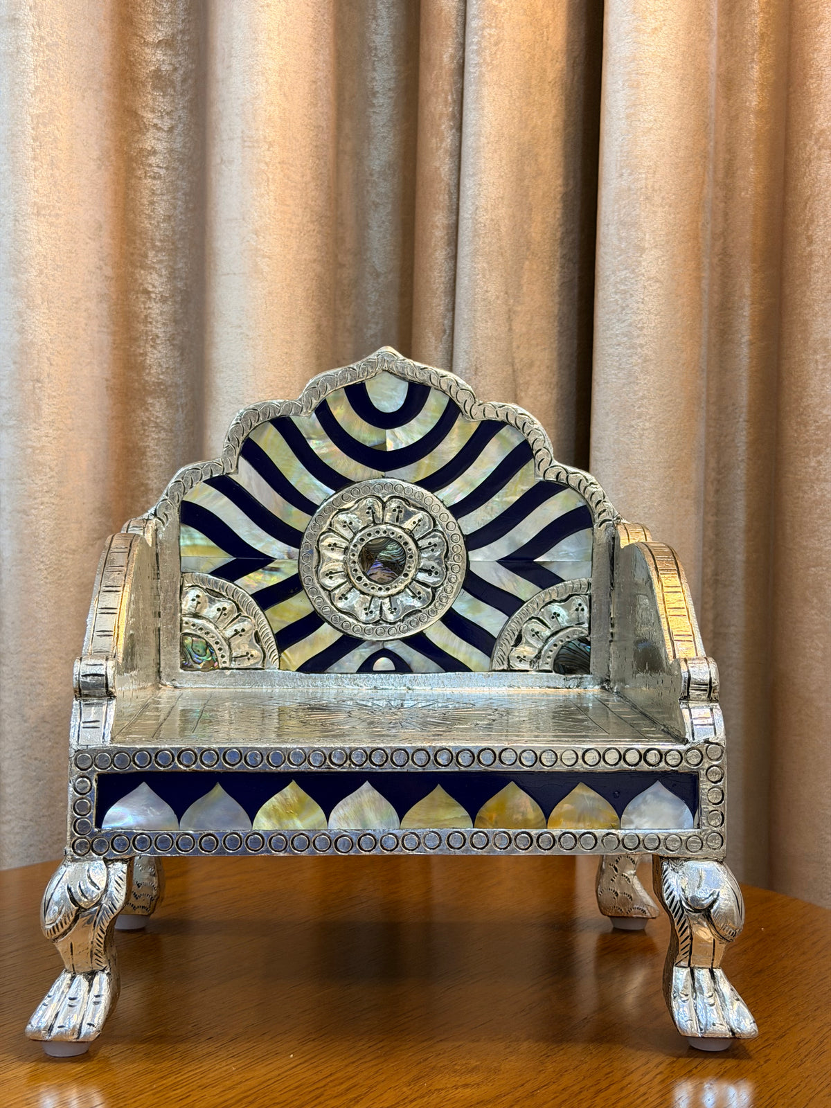 Silver Singhasan with Mother of Pearl detailing