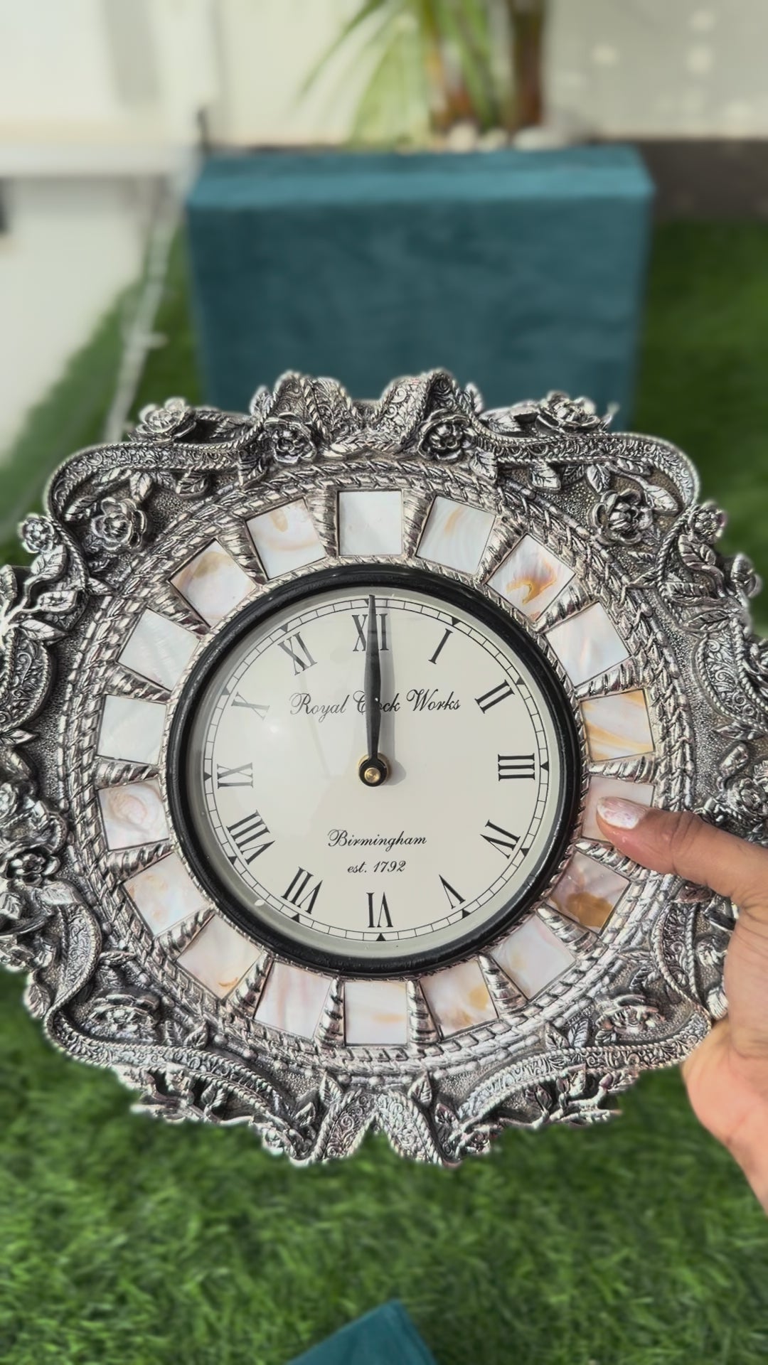 Silver Wall Clock with Mother of Pearl detailing