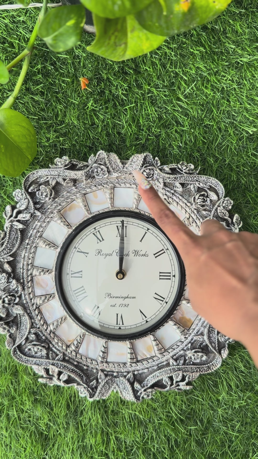 Silver Wall Clock with Mother of Pearl detailing